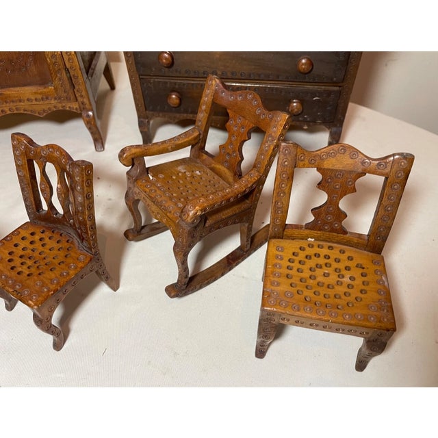 Set of 8 Antique Handmade Mini Wood Bedroom Set Tramp Art Furniture Dresser Bed Vanity For Sale - Image 10 of 14
