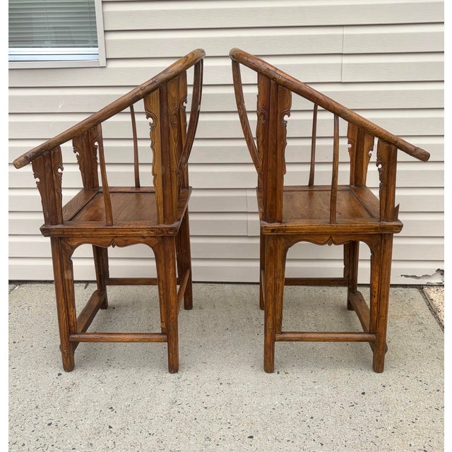 Chinese Pair Fine Antique Carved Chinese Horseshoe Lounge Chairs For Sale - Image 3 of 12