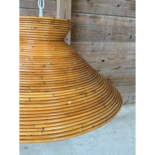 Vintage Italian Pencil-Reed Rattan and Bamboo "Witch Hat" Pendant Light For Sale - Image 4 of 12