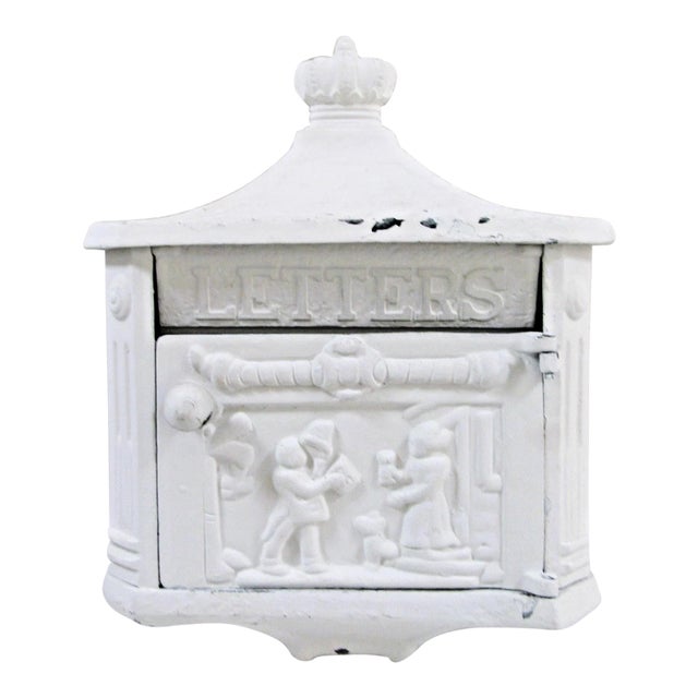 Victorian Wall Mounted Cast Iron Painted White Mailbox For Sale