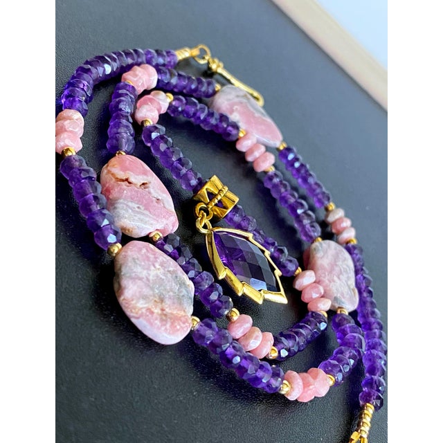 Metal Artisan Amethyst Pendant Necklace With Genuine Argentine Rhodochrosite and Gilded Accents For Sale - Image 7 of 18