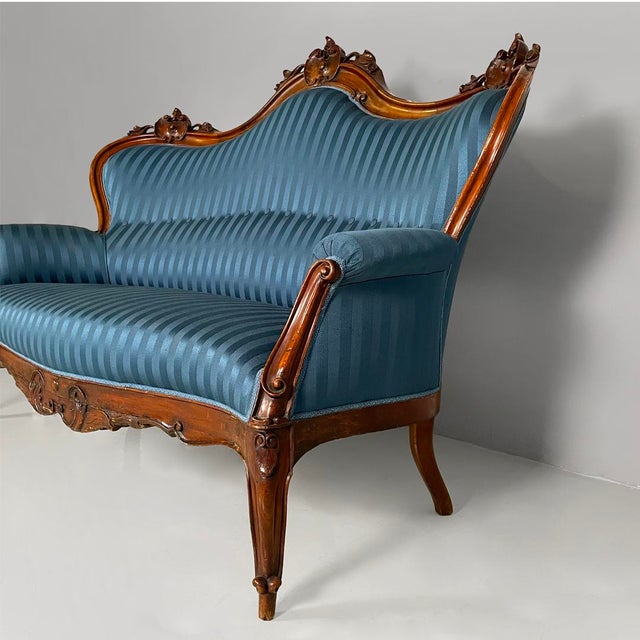 Italian Louis XVI Style Wood and Blue Striped Fabric Sofa, 1930s For Sale - Image 9 of 11