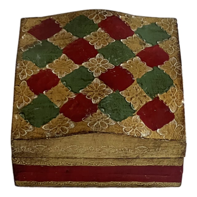 Italian Florentine Green Red and Gold Hinged Lid Trinket Box For Sale
