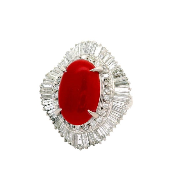 Red Coral Diamond Platinum Ballerina Ring, Size 8 For Sale - Image 4 of 6