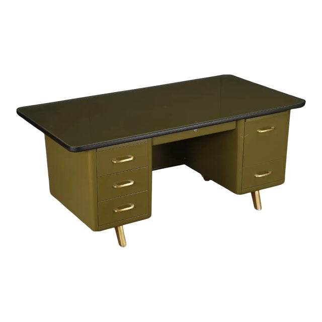 Mid-Century Modern Steel Tanker Desk in Olive Green W Glass Top and Brass, 1960s For Sale