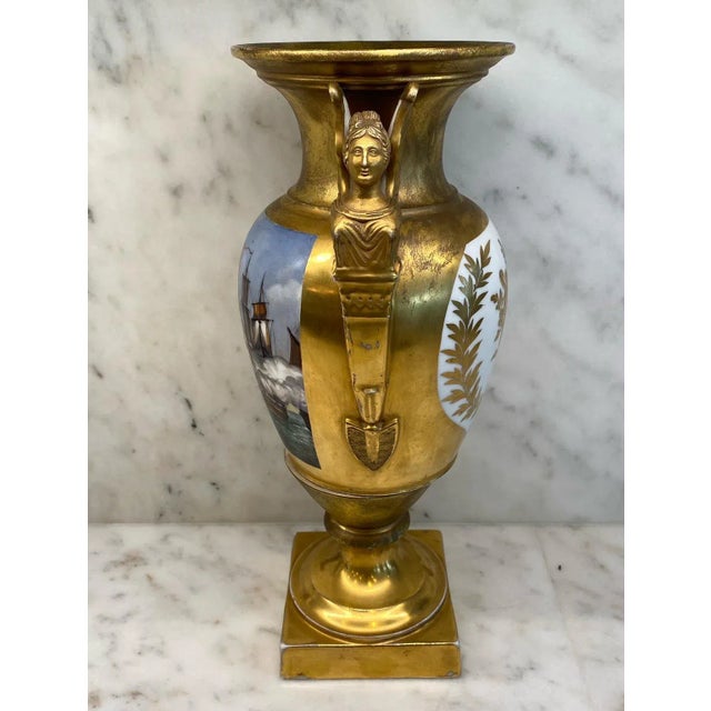 Antique French Hand Painted Gold Gilt Vase Depicting Ships in Battle For Sale - Image 4 of 11