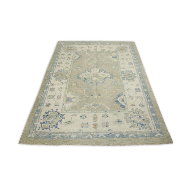Early 21st Century Early 21st Century Green & Blue Floral Design Handwoven Wool Turkish Oushak Rug 5'1" X 6'9" For Sale - Image 5 of 7
