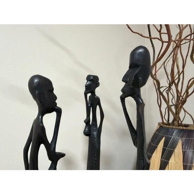 1990s Vintage Ebony Heavy Wood African "Thinkers" Stick Figures Sculptures Lot of 3 For Sale - Image 5 of 11