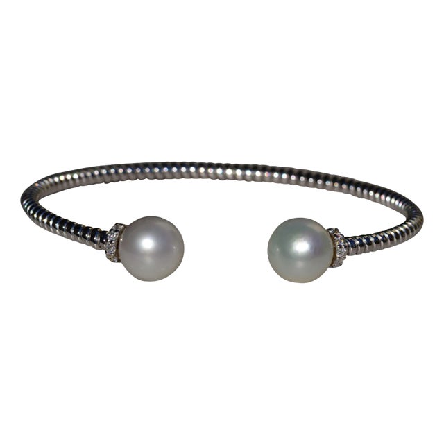 The Pavonia: Ladies 18K White Gold Pearl and Diamond Open Cuff Bangle Bracelet For Sale