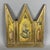 An elegant and evocative gilded wooden triptych table altar with folding doors, featuring a fine silkscreen print on a...