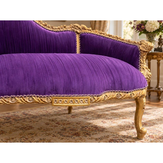 Late20C Artisan Louis XVI Gold Purple Beech Settee For Sale - Image 4 of 10