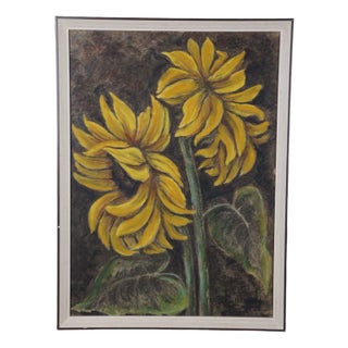 Still Life with Sunflowers, Chalk Drawing, Framed For Sale