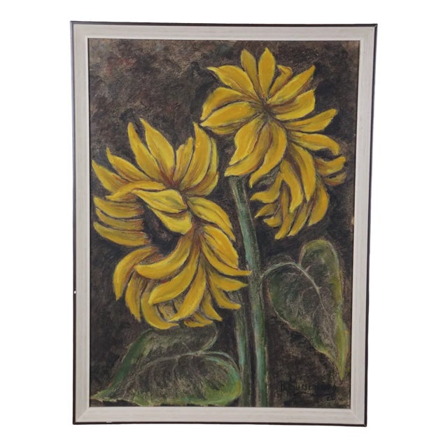 Still Life with Sunflowers, Chalk Drawing, Framed For Sale