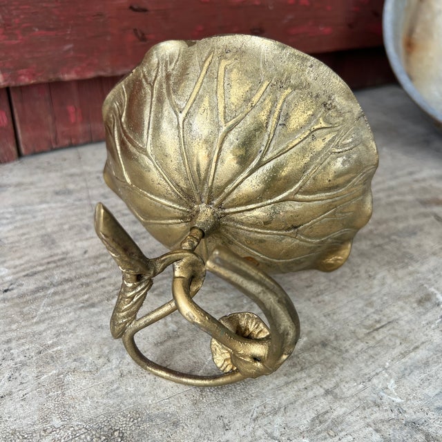 Vintage Brass Lily Pad Pedestal Bowl With Frog Accent For Sale - Image 11 of 12