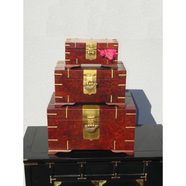 French Country Set of Three Vintage Oriental Asian Jewelry Storage Boxes French Country For Sale - Image 3 of 13
