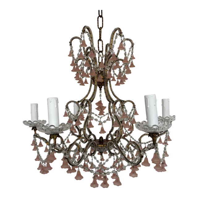 French Beaded Pink Murano Flower Bells Chandelier, Circa 1930 Extremely Rare For Sale
