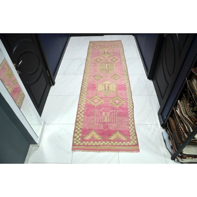 Vintage Pink Color Corridor Handmade Wool Runner For Sale - Image 11 of 11