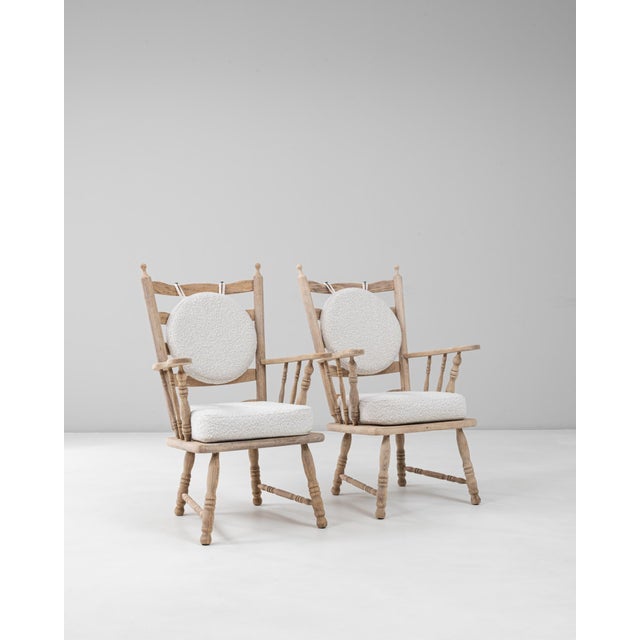 White 20th Century French Oak Spindle Back Armchairs With Round Bouclé Cushion - A Pair For Sale - Image 8 of 18