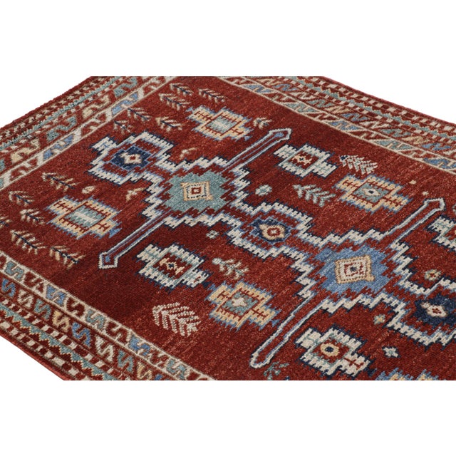 Rug & Kilim’s Persian Style Runner Rug in Red With Blue Geometric Medallions For Sale In New York - Image 6 of 7