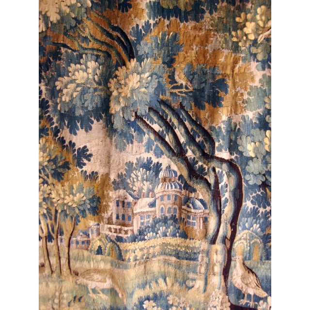 French Aubusson Verdure Birds on the Grass With Large Tower Castel, Circa 1700 For Sale - Image 4 of 14