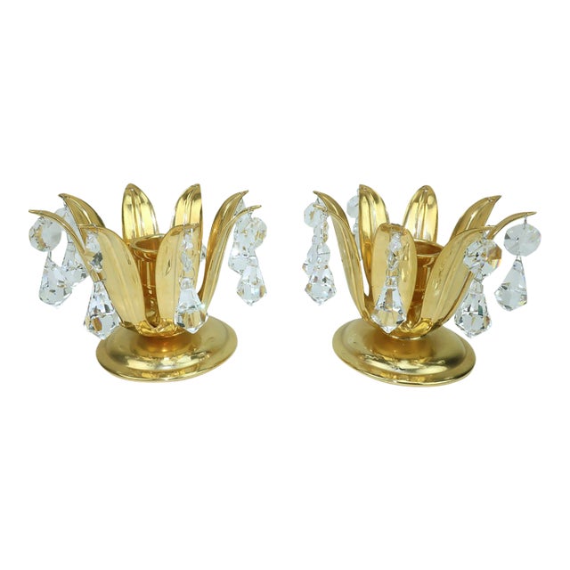 1980's Lycenta Sweden Gold Plated & Crystal Candle Holders, a Pair For Sale