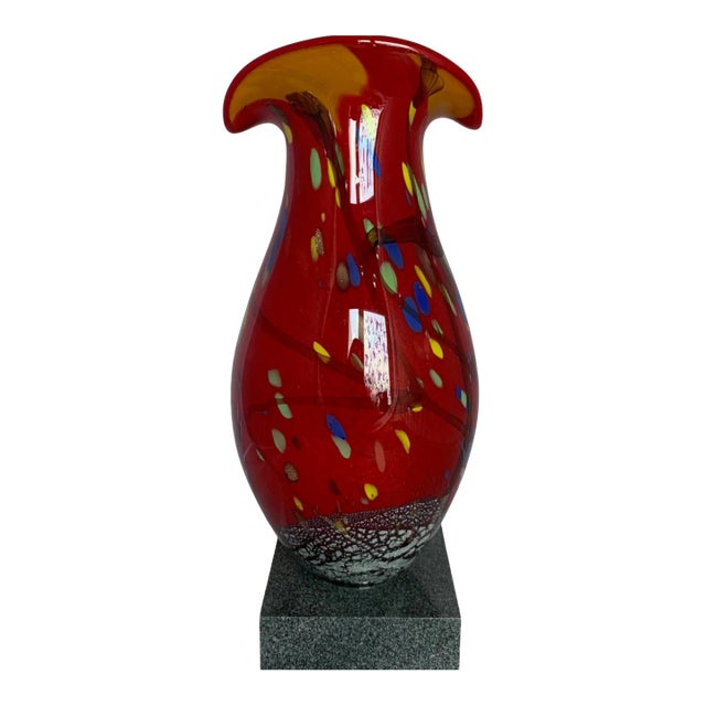 Murano Art Glass Red Polychrome Oval Patterned Clam Shaped Lip Vase For Sale