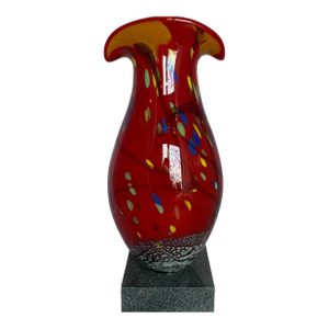 Murano Art Glass Red Polychrome Oval Patterned Clam Shaped Lip Vase