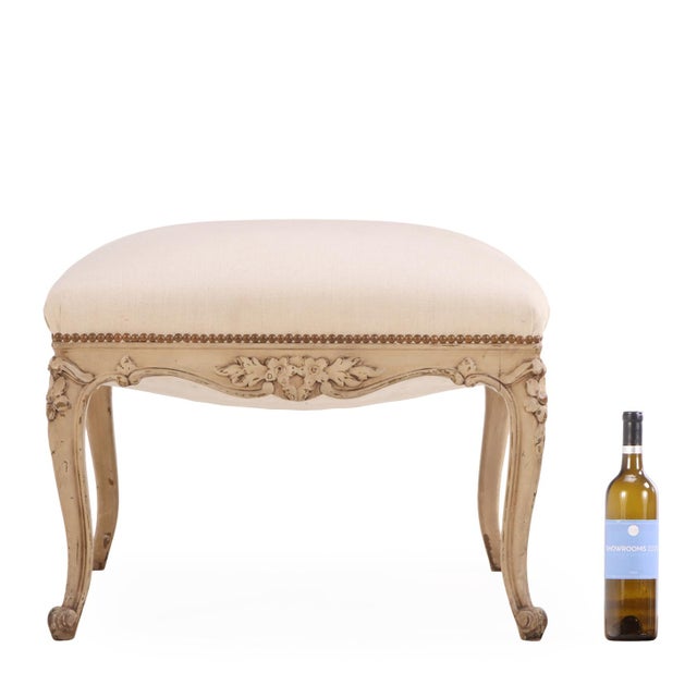 A French Louis XV Style Painted and Carved Wood Upholstered Stool, C. 1900. For Sale - Image 4 of 4