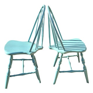 1990s Robins Egg Blue Windsor Bow Back – Brace Back Farmhouse Side Chairs - A Pair For Sale