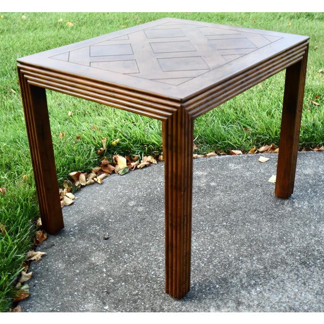 Mid-Century Modern Henredon Oak Square Table Parquet Top Reeded Parsons Legs Mid Century End For Sale - Image 3 of 14