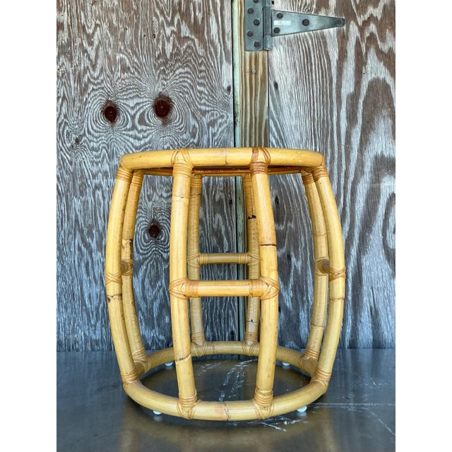 Wood Vintage Coastal Rattan Low Stool For Sale - Image 7 of 7