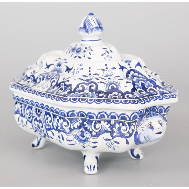 A lovely antique French Rouen faience blue and white ironstone soup tureen, circa 1900. No maker's mark. This gorgeous...