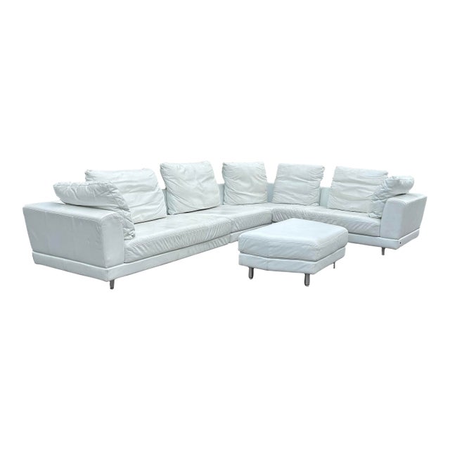 Rolf Benz Leather Sectional Sofa and Ottoman With Glass Attached Side Table For Sale