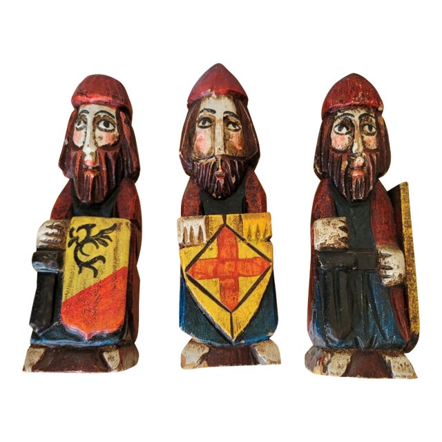 Antique Polychromed 8.5" Wood Crusader Santos Figures- Set of 3 For Sale