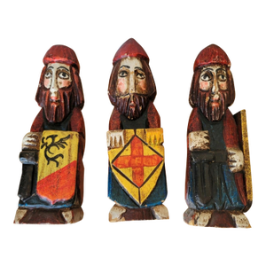 Antique Polychromed 8.5" Wood Crusader Santos Figures- Set of 3