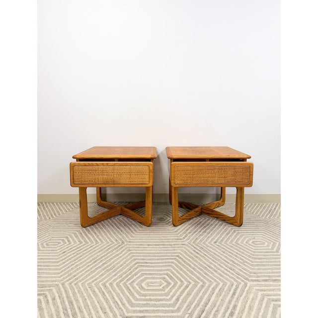 Wood Very Rare Lane Perception MCM Oak Nightstands Cane Drawers Vintage, A Pair For Sale - Image 7 of 12