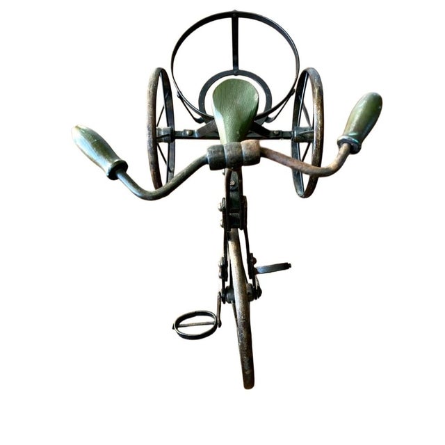 Vintage Decorative Metal Tricycle Planter With Spoked Wheels and Brass Accents For Sale - Image 17 of 17
