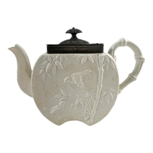 1874 Copeland Spode White Bisque Sparrows & Bamboo With Pewter Lid Tea Pot