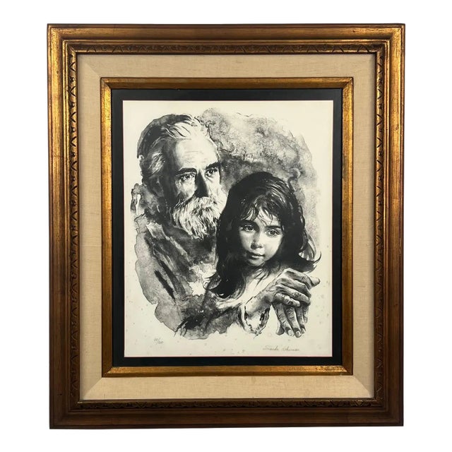 Sandu Liberman Rabbi With Young Girl Lithograph Signed, Numbered & Framed 1960's For Sale
