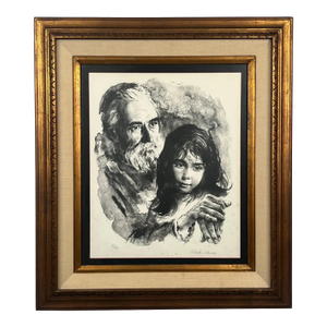 Sandu Liberman Rabbi With Young Girl Lithograph Signed, Numbered & Framed 1960's