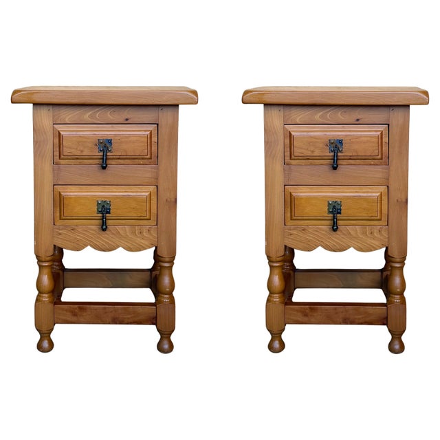 Mid 20th Century Pair of Spanish Honey Tone Narrow Nightstands with two drawers For Sale - Image 15 of 18