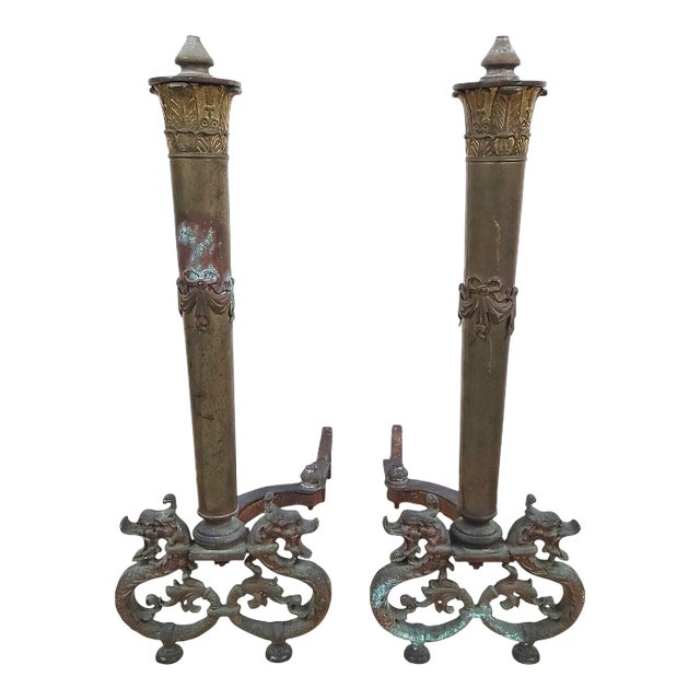 Antique Brass Dragons Fireplace Andirons - a Pair For Sale