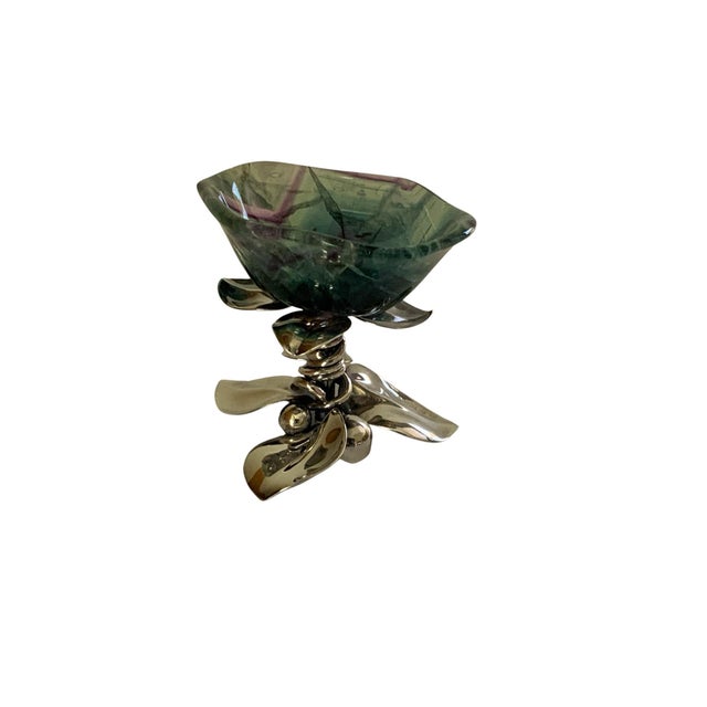 Postmodern Vintage Gabriele De Vecchi Milano Sterling Silver & Carved Rainbow Fluorite Flower Bowl Centerpiece Signed 665 MI Made in Italy 1970-1989 For Sale - Image 3 of 5