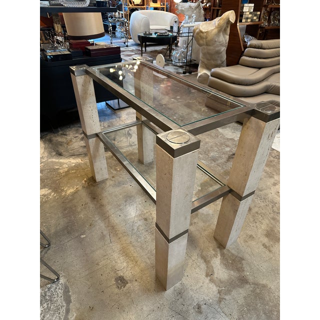 Console Table by François Catroux in Chrome and Travertine for Angeletti Italy 1973 For Sale - Image 4 of 12