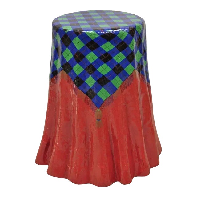 Late 20th Century Vintage the Strata Group Paper Mache Red Blue Green Tartan Tablecloth Drape Table For Sale