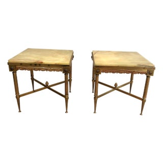 1940s Pair of Neoclassical Style Square Brass Side Tables with Onyx Top For Sale