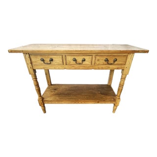 Antique Rustic Pine Farmhouse Console Table With Three Drawers and Shelf For Sale