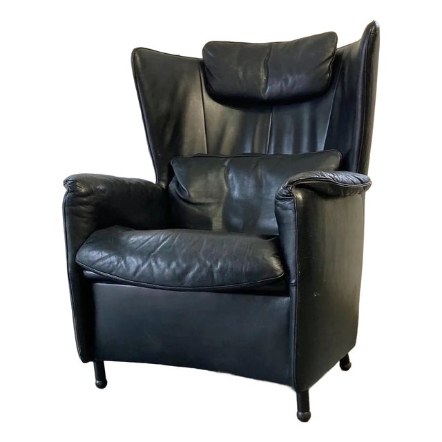 Vintage Postmodern Black Leather Lounge Chair by Franz Schulte | Vintage Modern Leather Chair | Detachable Headrest & Pillow For Sale