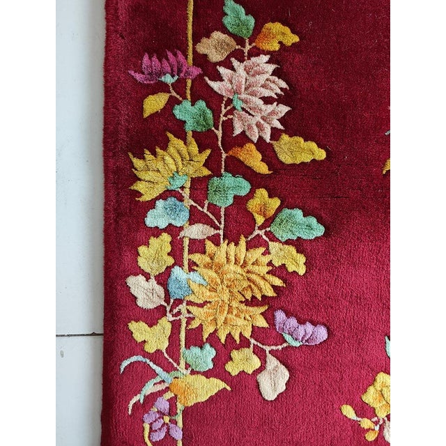 1920s Red Raspebery Floral Modern Antique Chinese Art Deco Rug 2'0" X 3'10" Hand Knotted Wool Carpet For Sale - Image 4 of 5