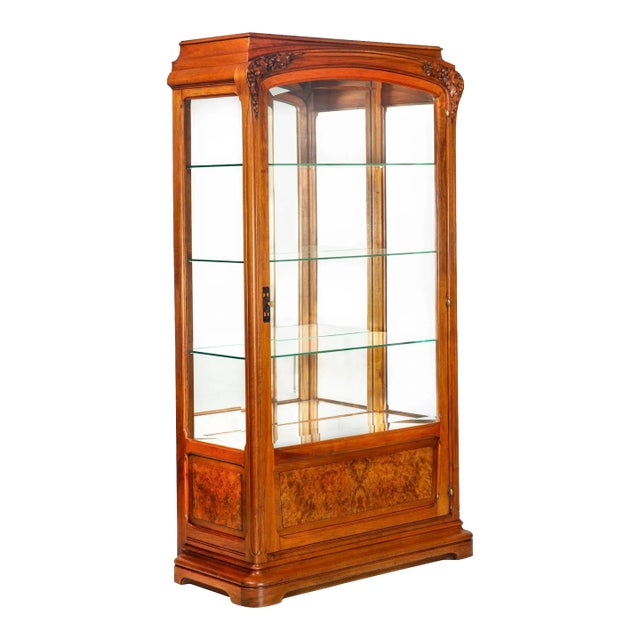 Art Nouveau Carved and Burl Walnut Display Cabinet Circa 1900 For Sale